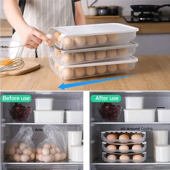 

1Pc Auto Scrolling 3-row Egg Holder Fresh Storage Box Rack Crisper Plastic Egg Container Case Kitchen Refrigerator Clear Stacked