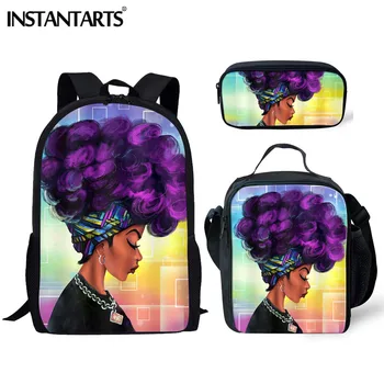

INSTANTARTS 3D Custom School Bag Set for Teen Girls Children Girl Boy Black America African Set School Backpack Bookbags