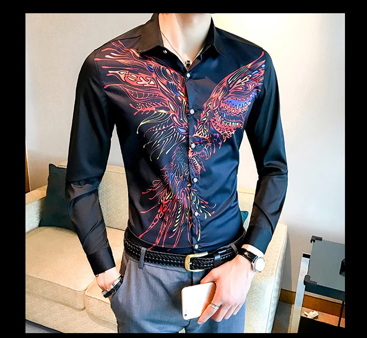 Роскошные Золотые рубашки с принтом Camisa MasculinaRopa De Hombre повседневные мужские рубашки Клубные рубашки дизайн Camisa Social Slim Fit
