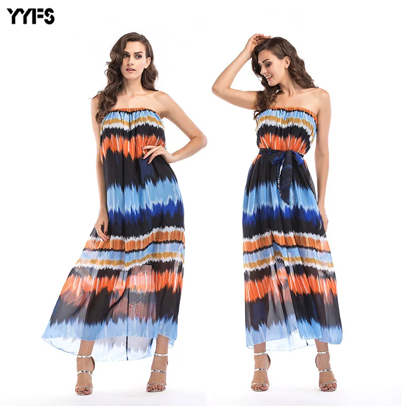

New Style Chiffon Elegant Wrap-around Dress Gradient Colored Beach Skirt European And American-Style Plus-sized Women's Maxi Dre