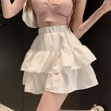 

HOUZHOU Ruffle Mini Skirts Sexy Women Kawaii Korean Fashion High Waist Solid Causal Patchwork A-line Layer Short Skirt Fairycore