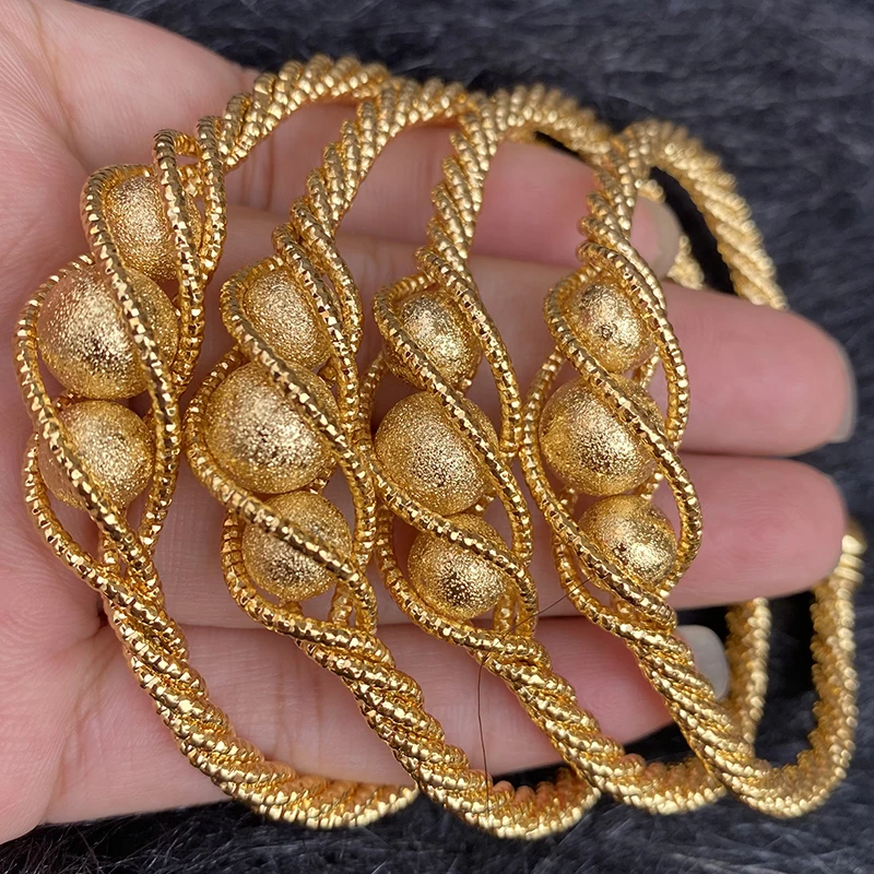 4pcs Ethnic Bead Gold Color Dubai Bangles For Women 24K Ball Copper Saudi Arabic Bracelet Girls Africa Bangles Wedding jewelry