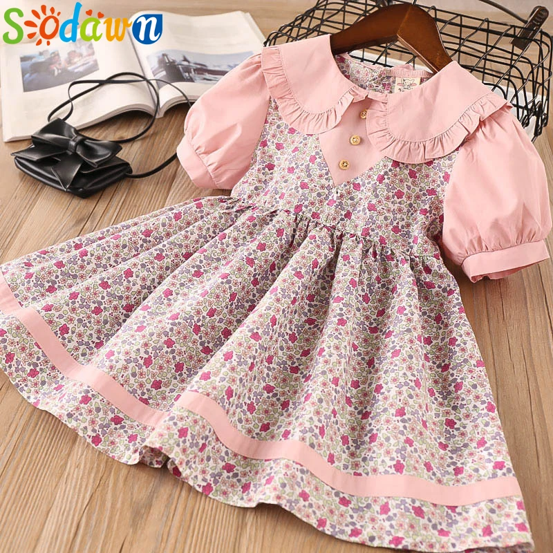 Sodawn/весенне-осенняя одежда для маленьких девочек; Платье с принтом+ повязка на голову; платье для девочек; милая модная детская одежда; платье принцессы - Цвет: Pink