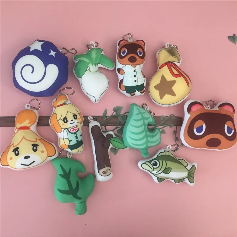 Animal Crossing Plush Keychain Raymond New Horizons Raccoon Leaf Kohlrabi Fossil Amiibo Isabelle Key Bag Pendants Dolls 10pcs  (32)