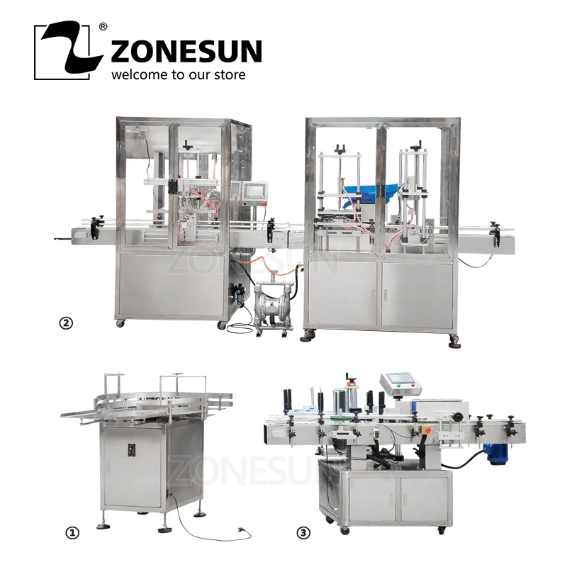 

ZONESUN Automatic Desktop Electric Glass Perfume Shampoo Cosmetic Nail Polish Bottle Capping Filling Labeling Packing Machine