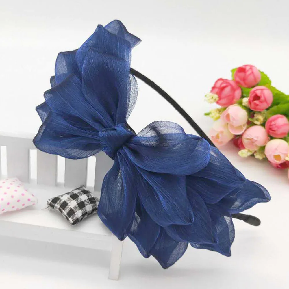 navy blue Лента с большим бантом, Цветочная Блестящая лента для волос, женские аксессуары для волос, обруч для волос, черный, розовый, для девочек, с цветами, Кружевная повязка на голову с бантом - Цвет: navy blue