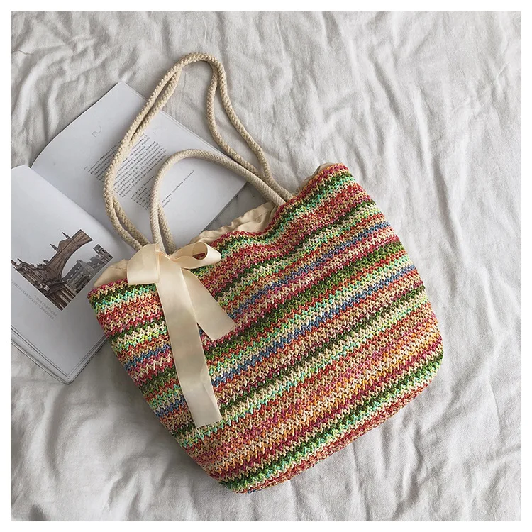 Соломенная тканая сумка с бантом, пляжная сумка для отдыха, тканая сумка на одно плечо контрастного цвета, женская сумка