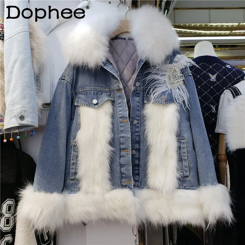 

2021 Winter Clothes Beaded Diamond Denim Stitching Fur Coat Thickened Fox Fur Coat Parka Women Loose Oversized Denim Jacket Lady