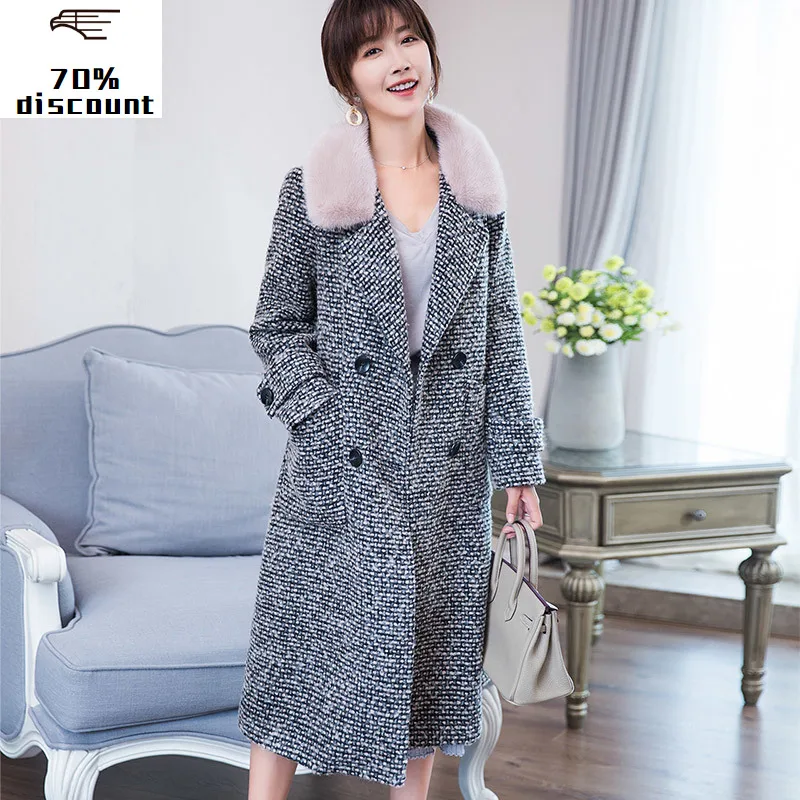 

Tweed Wool Coat Female Real Fur Coat Long Detachable Lamb Fur Liner Winter Jacket Natural Mink Fur Collar Coats 38070