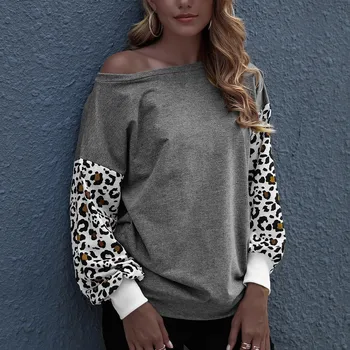 Camiseta holgada de manga larga con estampado de leopardo para mujer, top de malla, camiseta de manga larga, manga larga, E1