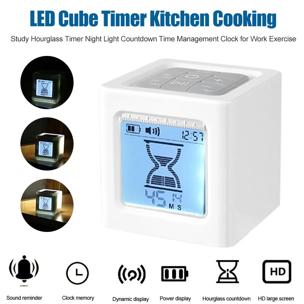 LED Cube Timer Kitchen Cooking Study Hourglass Night Light Countdown Time Management Clock for Work Exercise | Лампы и освещение