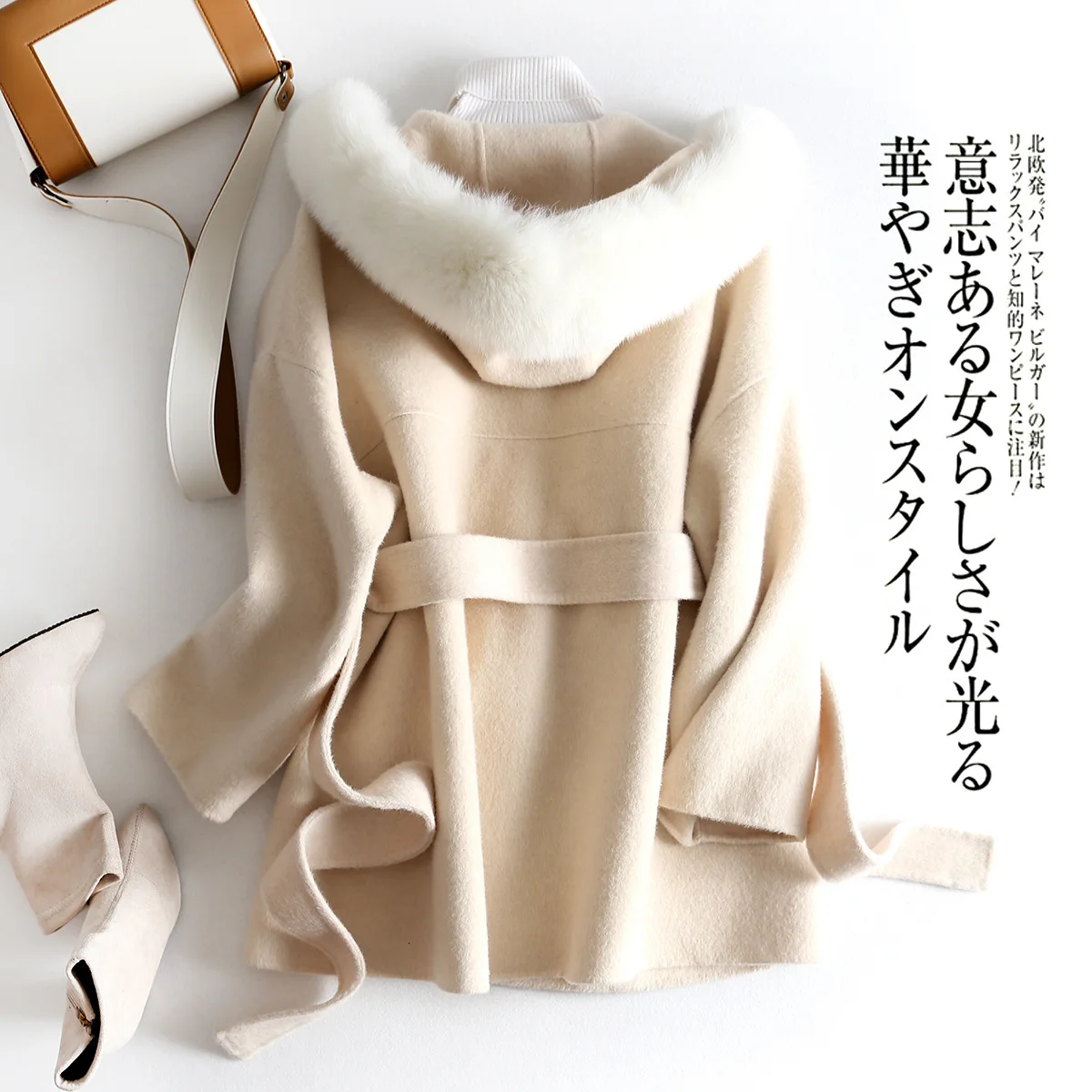 

Karajuku Style Women Winter Hooded Coat Real Natural Fox Fur Collar Jacket Cashmere Wool Overcoat Ladies Casual Outerwear L402