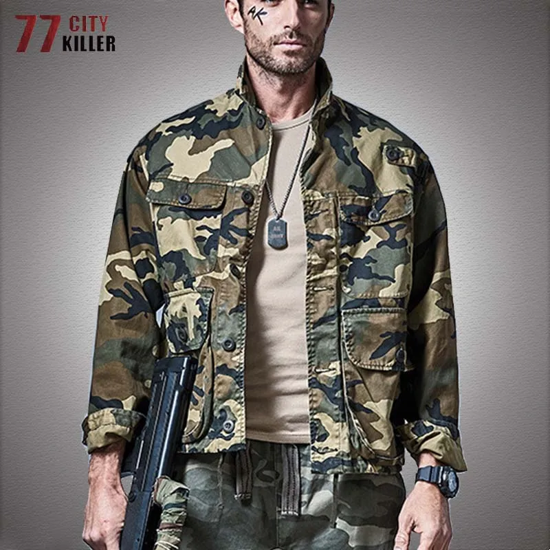 正規品店舗 メンズミリタリーカーゴジャケット ミリタリーカモフラージュジャケット M65 マルチポケット タクティカルコンバットコート ルーズコットン カモフラージュ ウインドブレーカー ブランド直営 Pnlp Sn