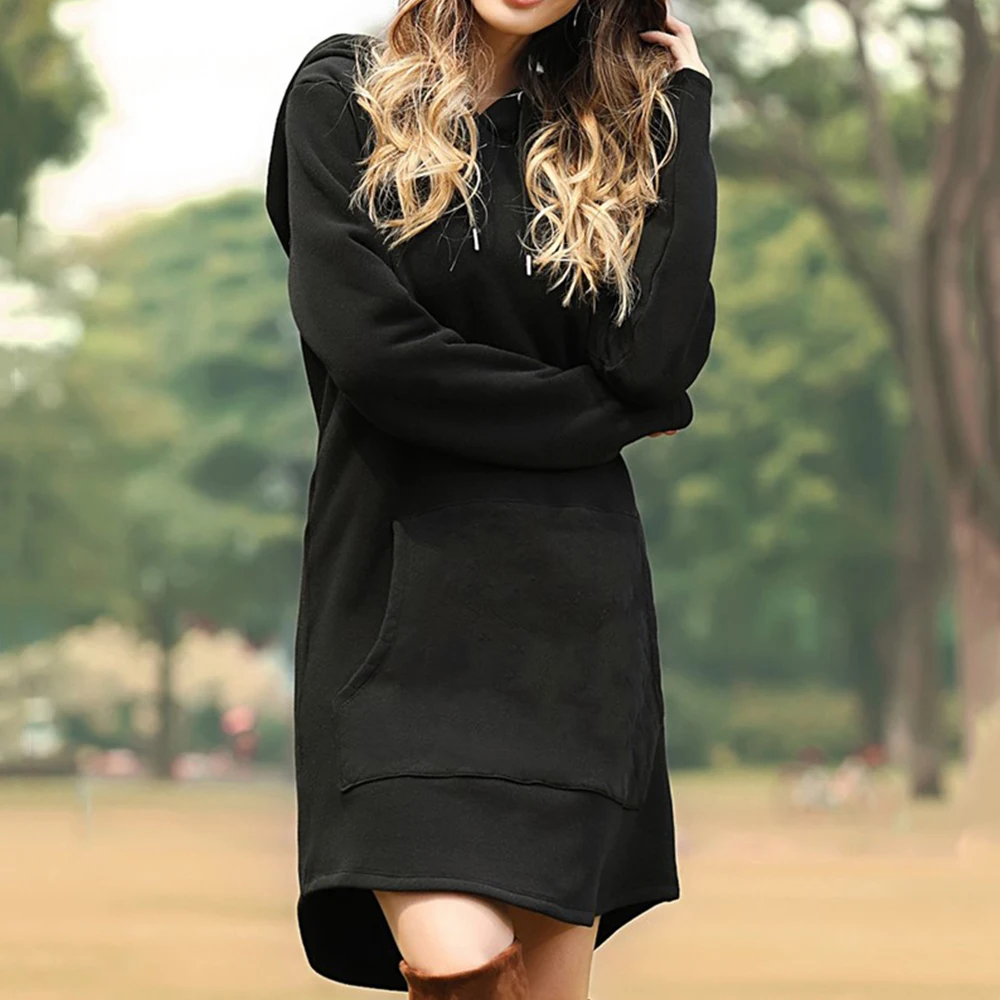 Платья с капюшоном женские осенние повседневные однотонные свободные пуловеры с длинным рукавом с капюшоном и карманом платье толстовка одежда Vestidos размера плюс - Цвет: Черный