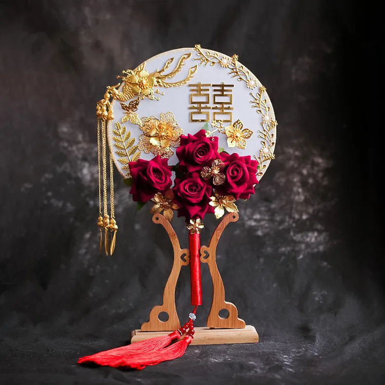 JaneVini невесты Buket темно-красный свадебный веер китайский стиль Длинная кисточка Свадебный букет древние золотые веера цветы Флер Роза - Цвет: Style B