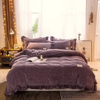 

Winter bedding set crystal velvet duvet cover set bow solid fleece comforter cover warm soft flannel flat sheet pillowcase queen