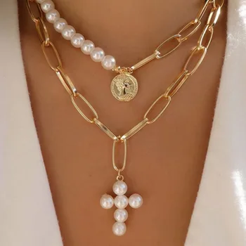 

Bohemian Chain Necklace Fashion Women Cross Pendant Necklaces Retro Gale Seal Inlaid Faux Pearl Necklace for women Jewelry Gift