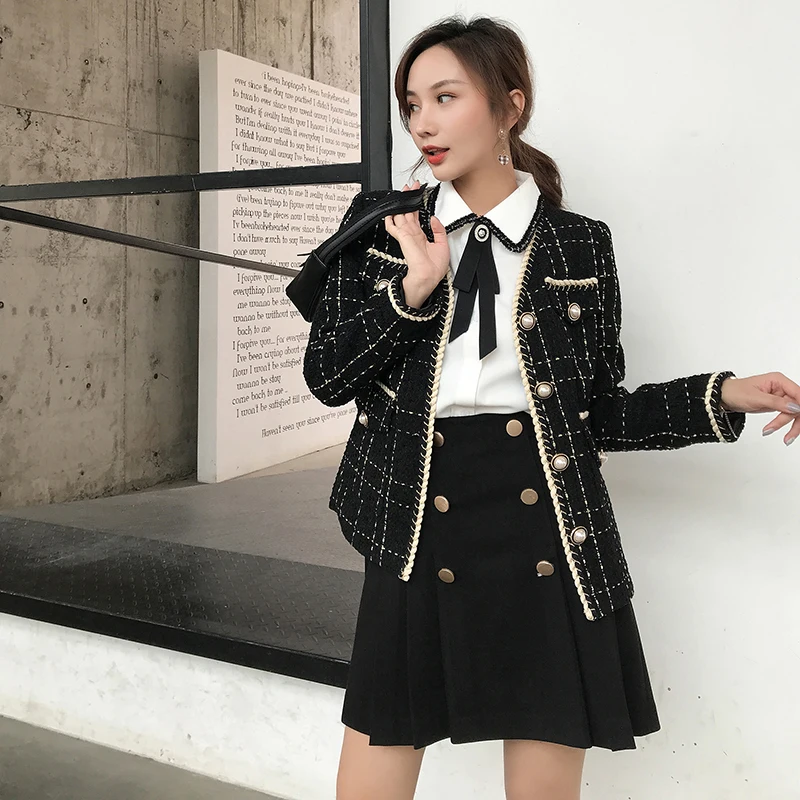autumn vintage women plaid patchwork fashion tweed jackets OL single breasted v-neck twisted brim Elegant coats y411