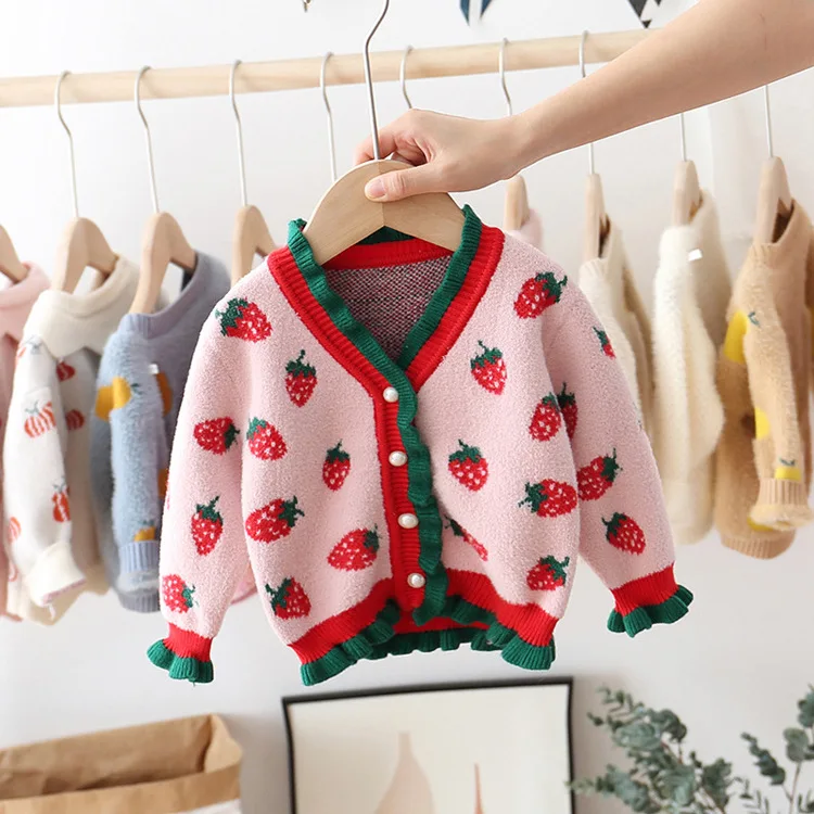 

Korean Autumn Style 2019 New Kids'Sweater, Little Girl's Sweater, Strawberry V-neck Open-top