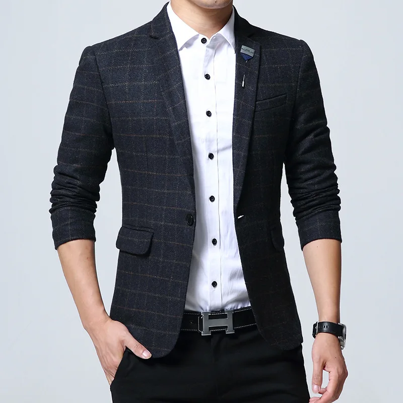 Navy Blue Новинка, мужские шерстяные блейзеры, британский стиль, плед, 4XL, 5XL, весенний мужской тонкий повседневный деловой пиджак, пальто, Мужская Брендовая верхняя одежда, куртка, BF773 - Color: Navy Blue