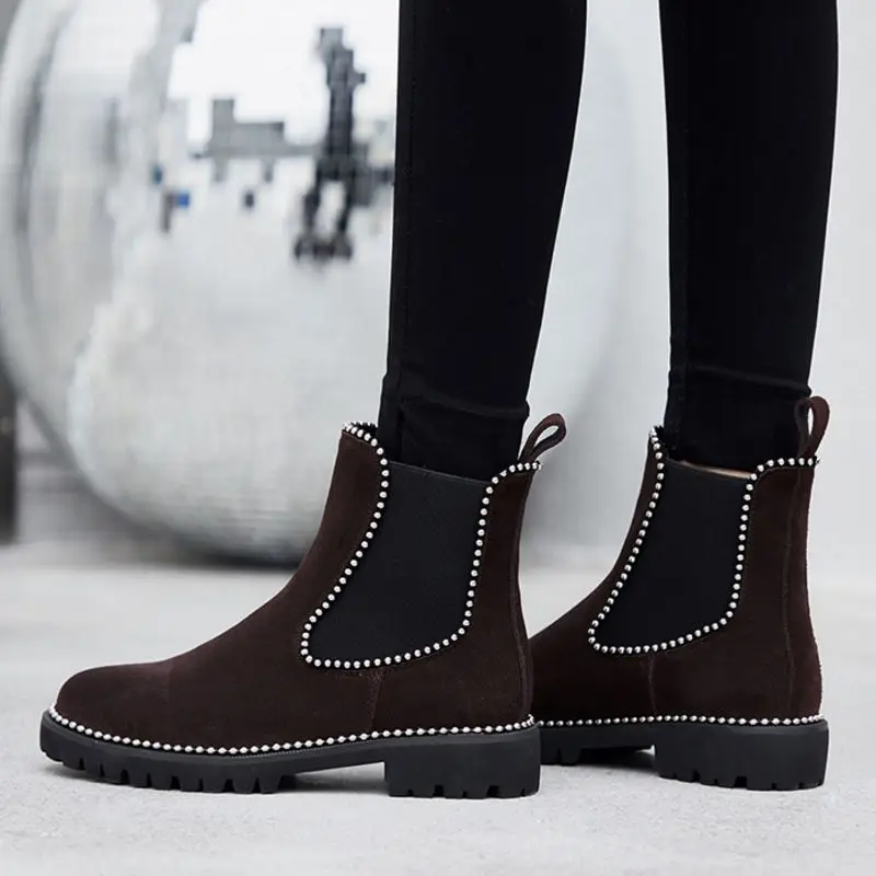 Taoffen Size 34-41 Women Genuine Leather Beads Ankle Boots Chelsea Office Work Party Casual Short Boots Flats Daily Footwear