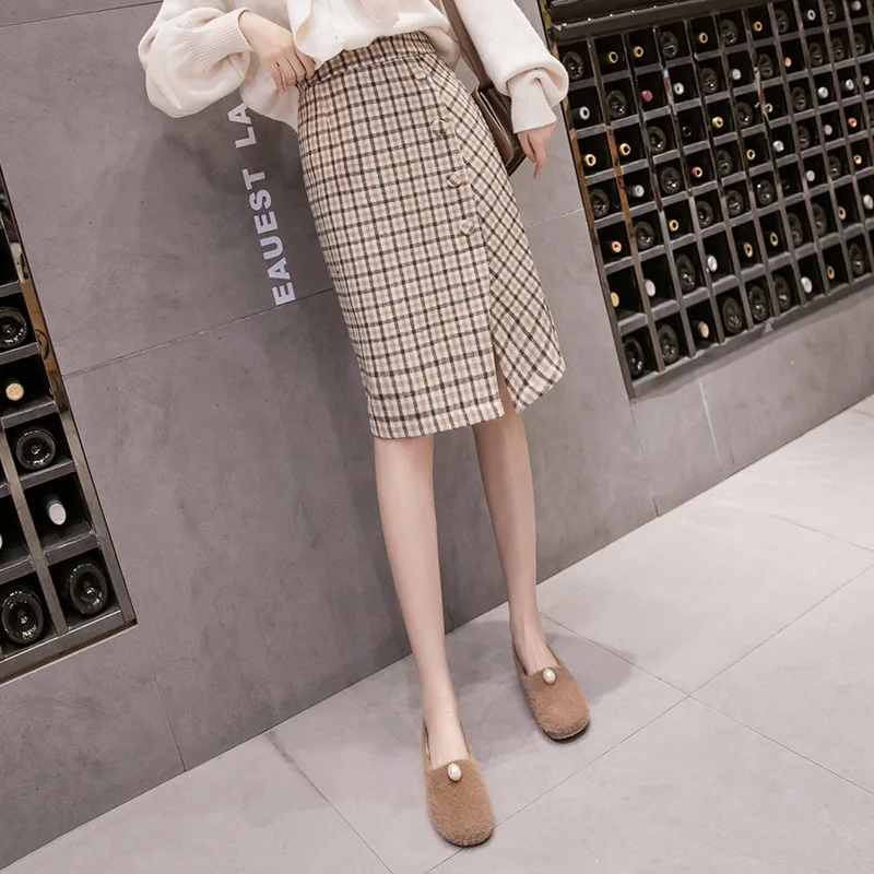

2019 Autumn And Winter Retro Literature And Art Versatile Slimming Slit Medium-length Woolen Plaid Skirt Women's