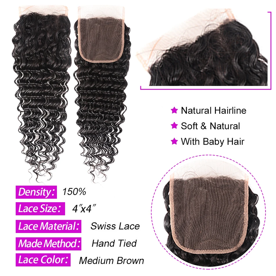Волосы шуангья малазийские глубокие волнистые пучки с закрытием человеческие волосы пучки с закрытием remy волосы 3/4 пучки с закрытием