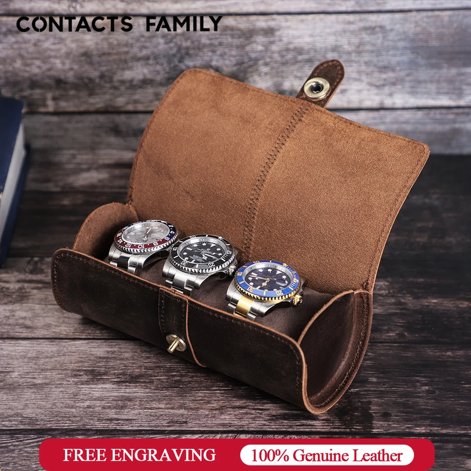 CONTACT'S FAMILY 3 Slot Men Watch Roll Case Leather Display