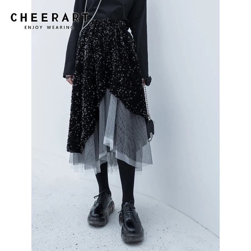 Женская Асимметричная юбка с блестками CHEERART черная длинная высокой талией в