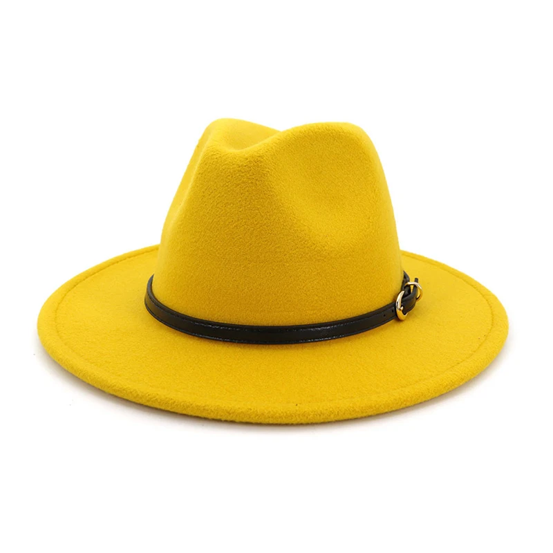 FS британский стиль желтый шерстяной фетр джазовая фетровая шляпа для мужчин и женщин с плоскими полями Кепка джентльмен Европа официальная шляпа флоппи Трилби праздничные колпаки - Цвет: Yellow fedora