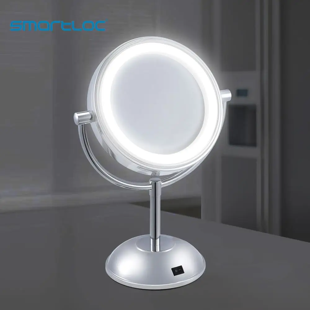 Smartloc 2 Железный светодиодный светильник для лица, подставка для ванной комнаты, круглое зеркало для макияжа, 5X Увеличительное Зеркало для ванной, косметическое туалетное зеркало, смарт-настенное