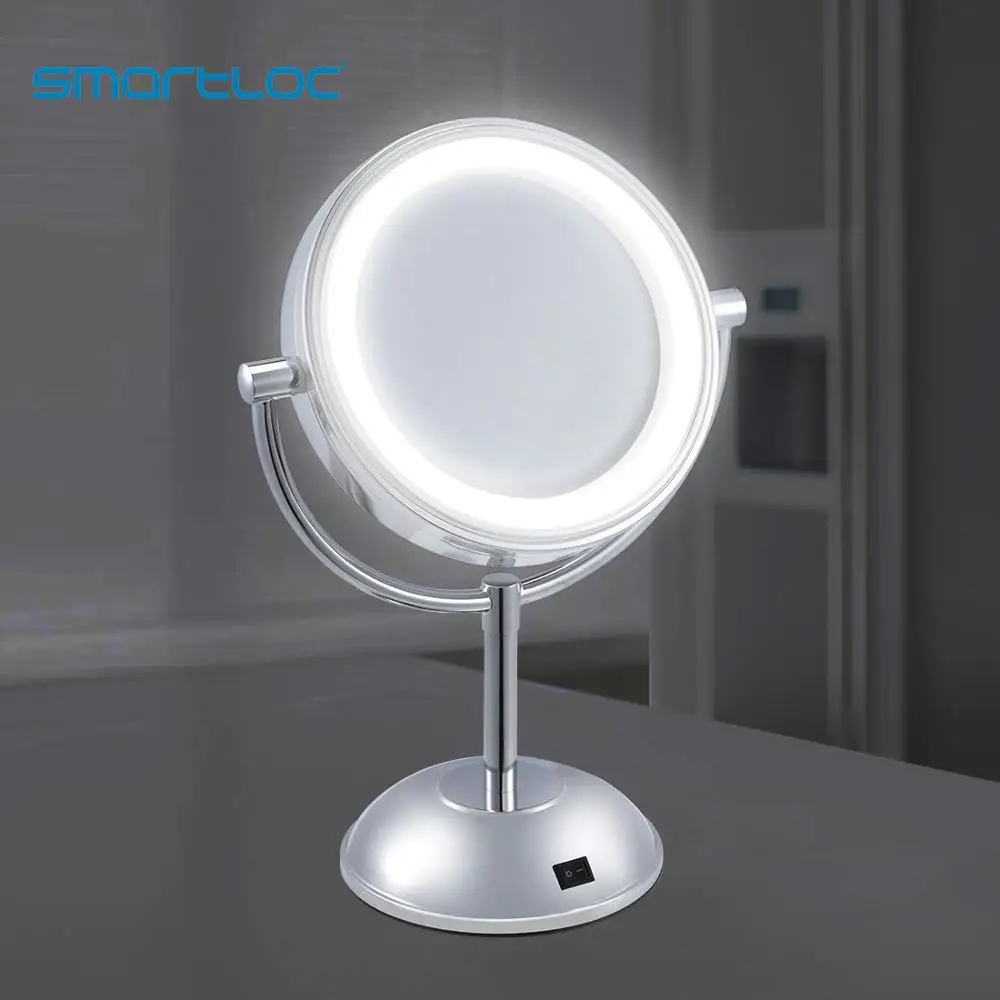 

smartloc 2 Face Iron LED Lights Bathroom Stand Round Mirror Makeup 5X Magnifying Bath Make up Cosmetic Vanity Smart Wall