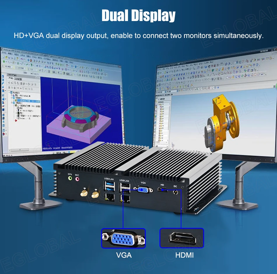 Elevate Your Operations with the Eglobal Industrial Fanless Mini PC - 6 COM, 2 LAN, Windows/Linux, Barebone System. Experience 7/24 Hours Working, 4 USB 2.0, 4 USB 3.0, and WIFI. Upgrade your industrial setup with this high-performance computing solution! Description Image.