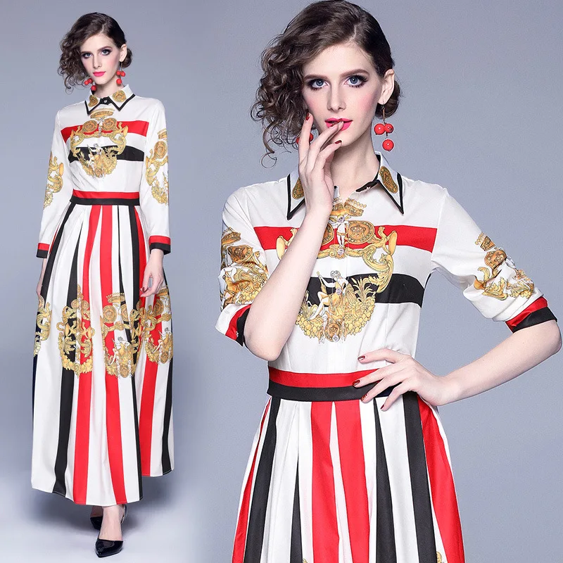 

Photo Shoot 3531 # New Style WOMEN'S Dress Stripes Contrast Color Joint Long Sleeve Printed Waist Hugging Pleated Big Hemline Dr