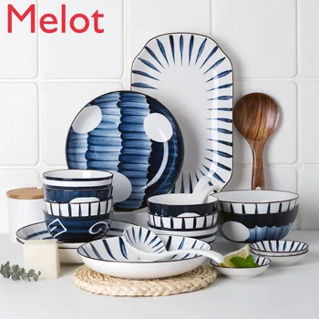 

Underglaze color bowl and dish set household four person ceramic bowl tableware creative hand painted bowl and plate