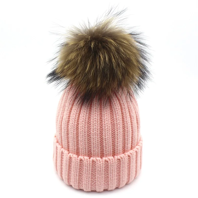 Трикотажные Зимние шапки для женщин, шапка из натурального меха с помпоном, облегающая шапка