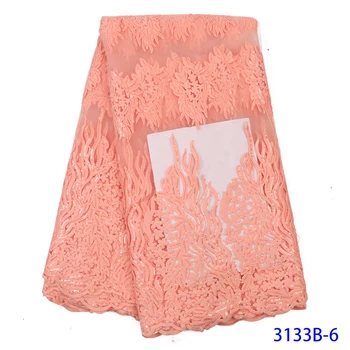 

Nigerian Lace Fabrics Fashion Embroidery Mesh Fabric African Dresses Fabric Sequins Lace Materials For Evening Party QF3133B-6