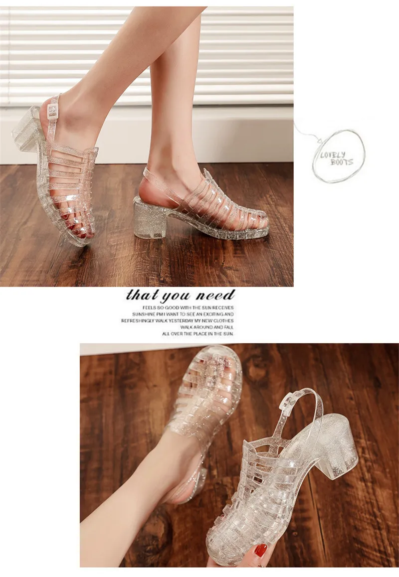 Rain Closed Toe Sandals Female High-Heeled Shoes Transparent Crystal Plastic Beach Women Jelly Shoes High Heels Sandals Slippers Waterproof  (8)