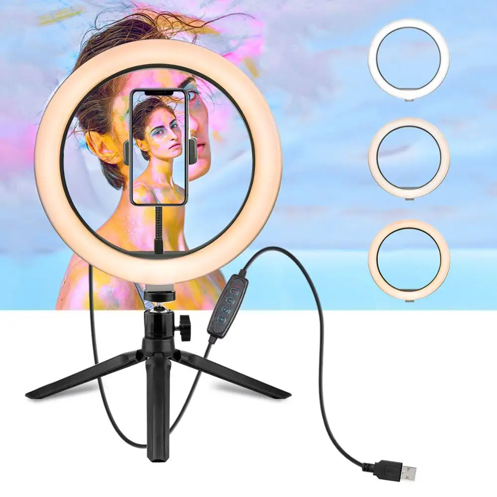 Foleto 10 дюймов кольцевой светильник USB Led селфи телефон видео камера светильник для фотостудии макияж лампа с Штативом Держатель Телефона