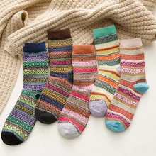  5Pairs Lot Winter Thickened Warm Woolen Socks Women's Striped Retro Wool New Year Christmas Gift Grils Socks TJ3140 