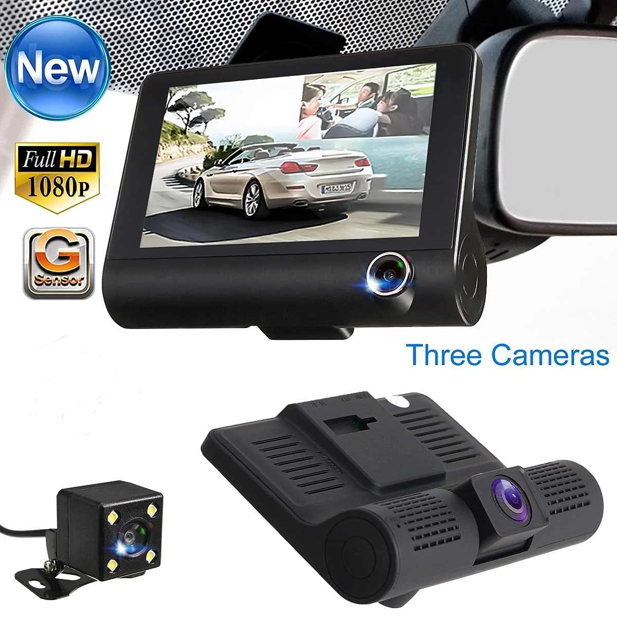 1080P HD 4,0 дюймов Автомобильный видеорегистратор 3 объектив камеры Dash камера с двойным объективом с камерой заднего вида видеорегистратор g-сенсор Dash Cam