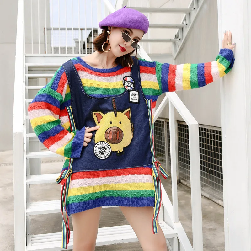 

Rainbow Sweater Women Striped Oversize Knitted Autumn Winter 2019 Pullover Sweater Patchwork Denim Female Jumper With Ribbons