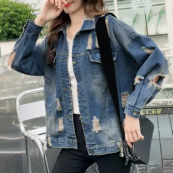 

Denim patchwork women denim jacket Harajuku with holes and scuffs, cowboy coat for women, autumn 2020, vintage women's coat with