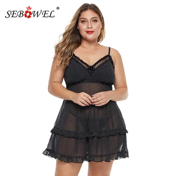 

SEBOWEL Dotted Print Ruffle Plus Size Babydoll Women Black Sexy V-Neck Lingerie Lace Sleepwear with Thong Erotic Underwear 4X 5X