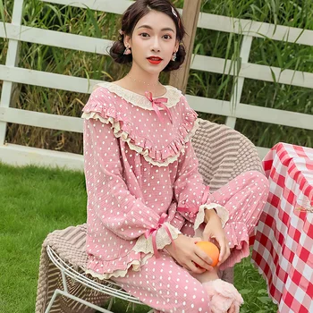

2Pcs Maternity Set Pajamas Long Sleeve Casual Priting Polka Dot Sweet Sleepwear Cute Pajama Set Spring Cotton Pajamas for Women