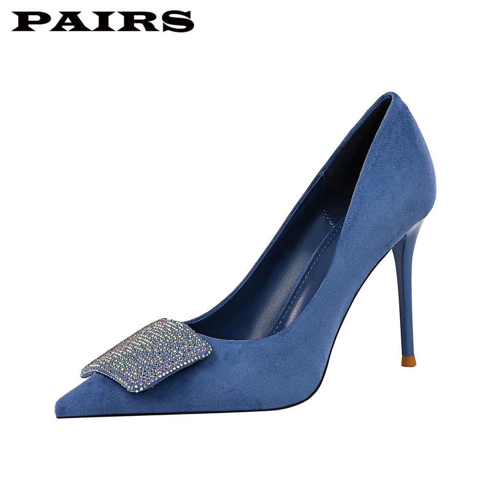 

BigTree Brand Designer Pumps Shoes Women High Heels Sexy Stiletto Faux Suede Crystal Blue Shoes Office Party Shoes Plus Size 43