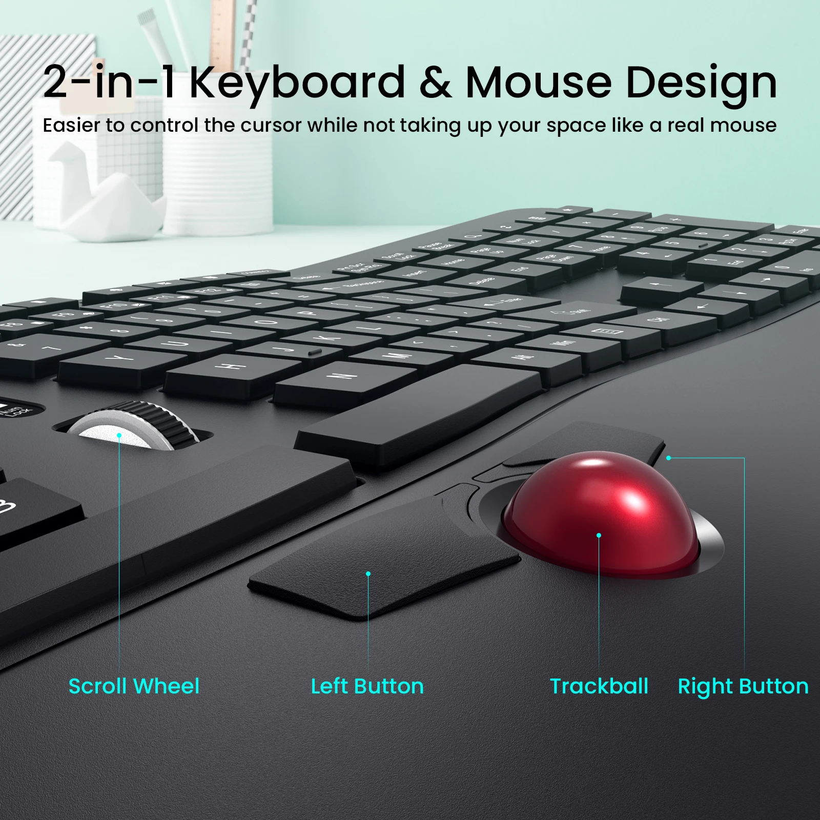 VicTsing PC325 Wireless Ergonomic Keyboard with Trackball and Scroll W Eaiser