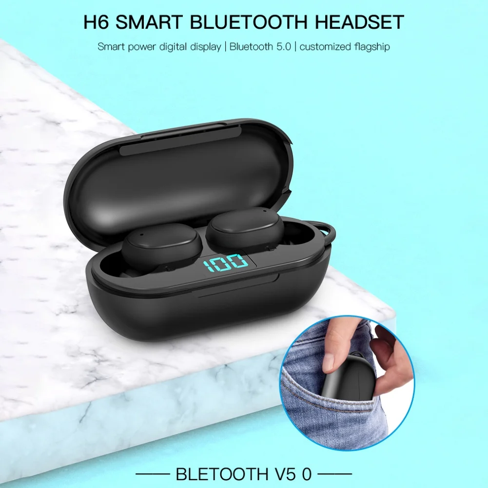 H6 TWS Sports Stereo Wireless Headset In ear Noise Canceling Bluetooth 5 0 with LED Display Charging Box