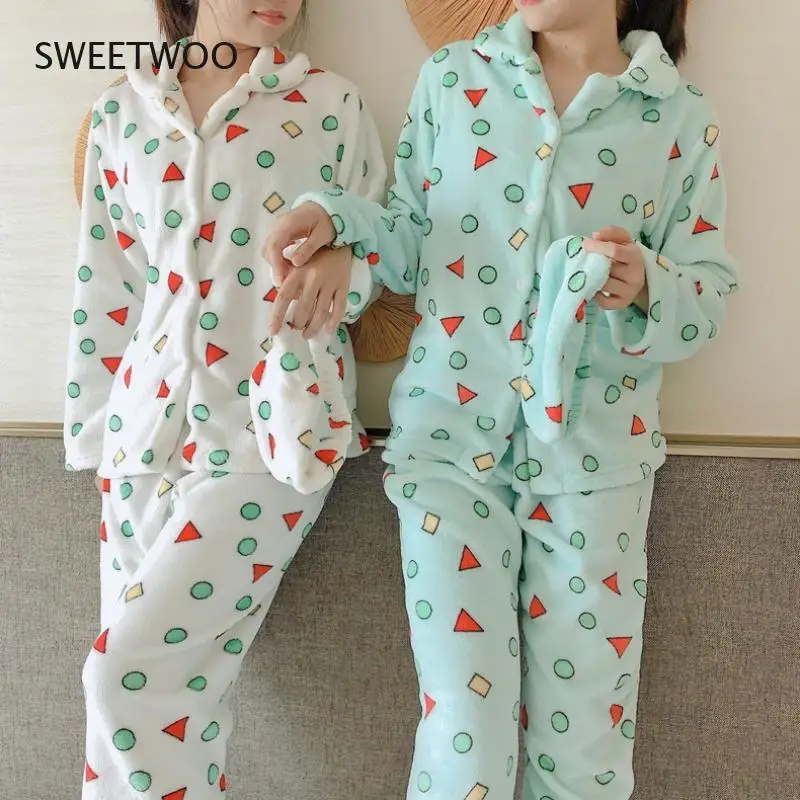 Flannel Pajamas Men and Women Winter Kawaii Cartoon Geometric Pattern Coral Fleece Home Clothes Warm Thickening Set Couples coral fleece pajamas women fall winter flannel pajamas pajamas set cardigan plus velvet thickening home service lounge wear