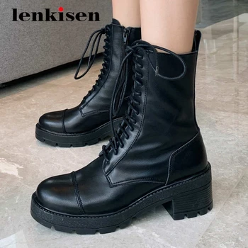 

Lenkisen preppy style genuine leather motorcycles boots waterproof thick high heel round toe zipper gorgeous mid-calf boots L09